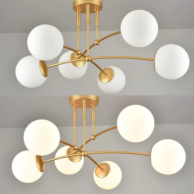Alt view image 4 of 7 - CLAXY Mid Century Gold Ceiling Light Semi Flush Mount Opal Globe Chandelier