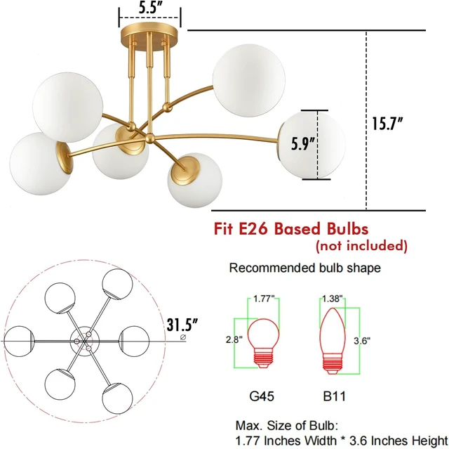 Alt view image 6 of 7 - CLAXY Mid Century Gold Ceiling Light Semi Flush Mount Opal Globe Chandelier