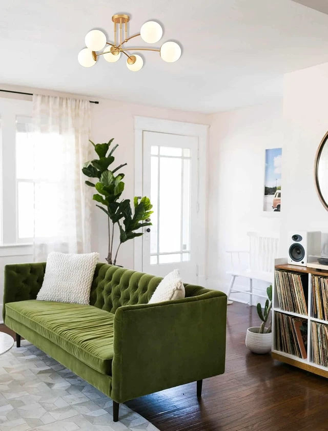 Alt view image 7 of 7 - CLAXY Mid Century Gold Ceiling Light Semi Flush Mount Opal Globe Chandelier