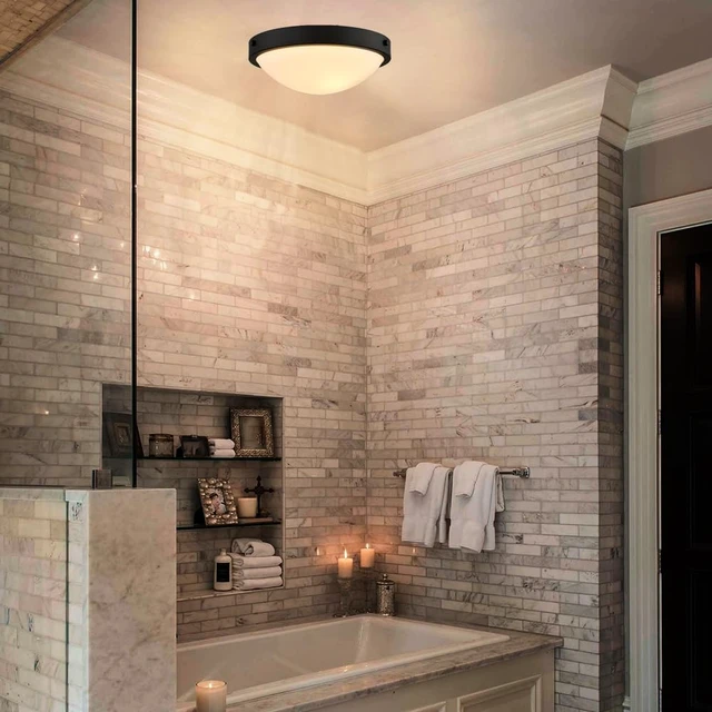 Alt view image 2 of 7 - DEYNITE Flush Mount Ceiling Light, 2-Light Black, 12.9" Milk Glass Dome