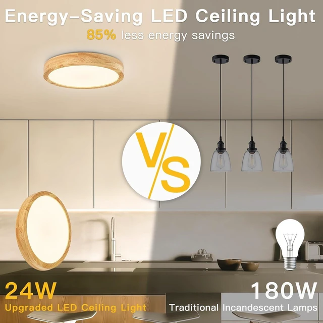 Alt view image 4 of 7 - Wood Flush Mount Ceiling Light, 11.8 Inch Warm White 3000K