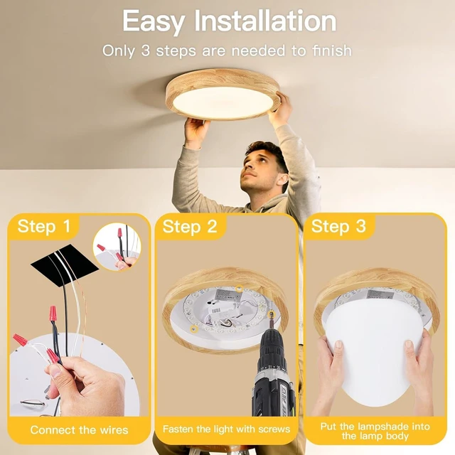 Alt view image 6 of 7 - Wood Flush Mount Ceiling Light, 11.8 Inch Warm White 3000K