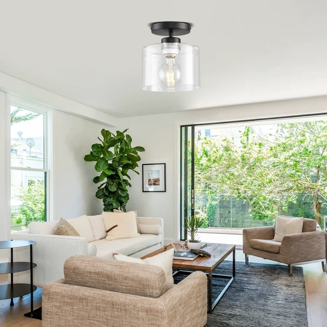 Alt view image 4 of 7 - Semi Flush Mount Ceiling Light, Modern Kitchen Lighting Fixtures Ceiling, Rustic Ceiling Light Fixtures, Ceiling Lights with Glass Shade for Hallway Foyer Entryway Bedroom