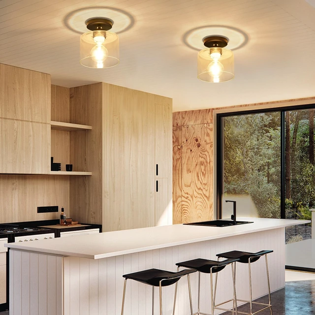 Alt view image 5 of 7 - Semi Flush Mount Ceiling Light, Modern Kitchen Lighting Fixtures Ceiling, Rustic Ceiling Light Fixtures, Ceiling Lights with Glass Shade for Hallway Foyer Entryway Bedroom