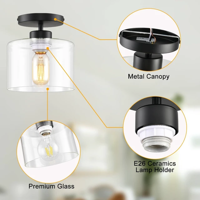 Alt view image 7 of 7 - Semi Flush Mount Ceiling Light, Modern Kitchen Lighting Fixtures Ceiling, Rustic Ceiling Light Fixtures, Ceiling Lights with Glass Shade for Hallway Foyer Entryway Bedroom