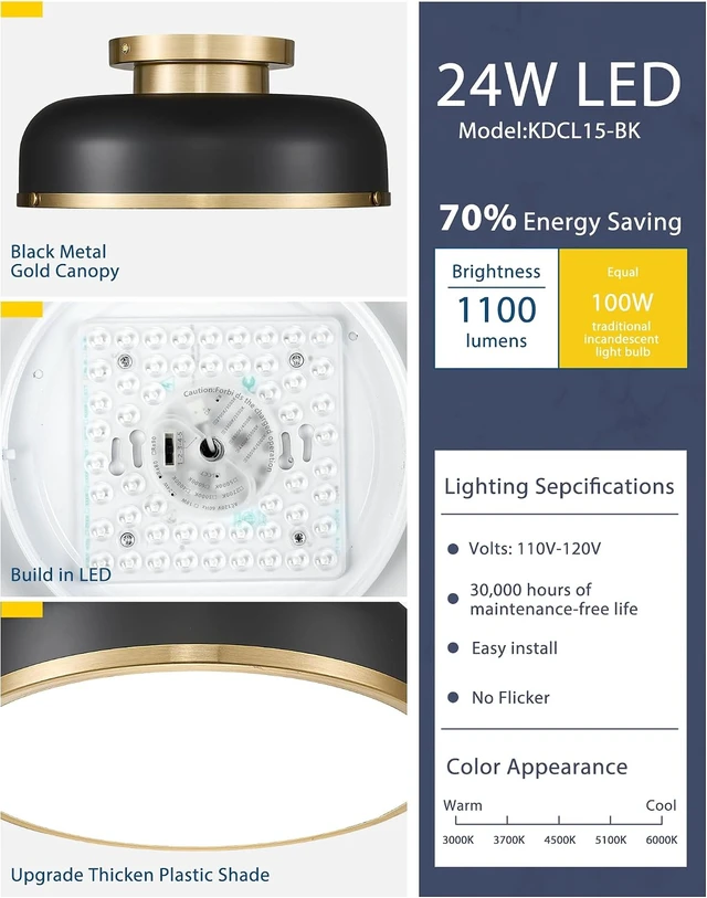 Alt view image 4 of 7 - kudos 12 Inch Black and Gold LED Flush Mount Ceiling Light, 5CCT, KDCL15-BK