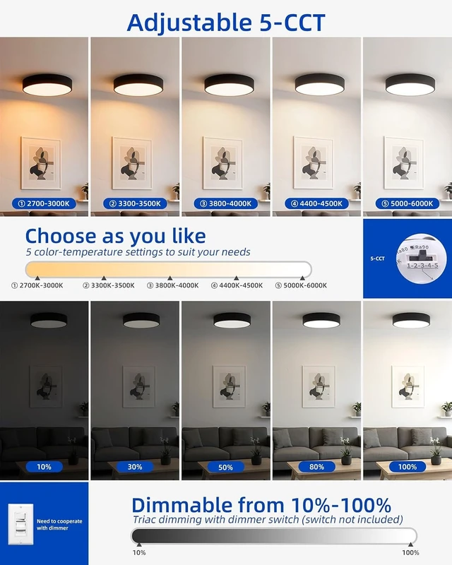 Alt view image 3 of 7 - LED Ceiling Light, Modern Round Black 11.8 Inch 24W Dimmable 5CCT
