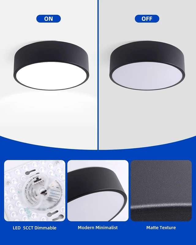 Alt view image 4 of 7 - LED Ceiling Light, Modern Round Black 11.8 Inch 24W Dimmable 5CCT