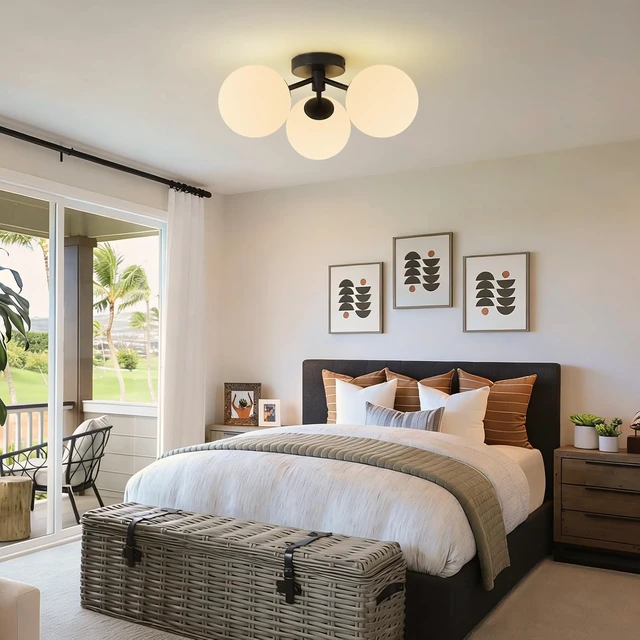 Alt view image 2 of 7 - Black Globe Semi Flush Mount Ceiling Light Mid Century Modern Milk Glass