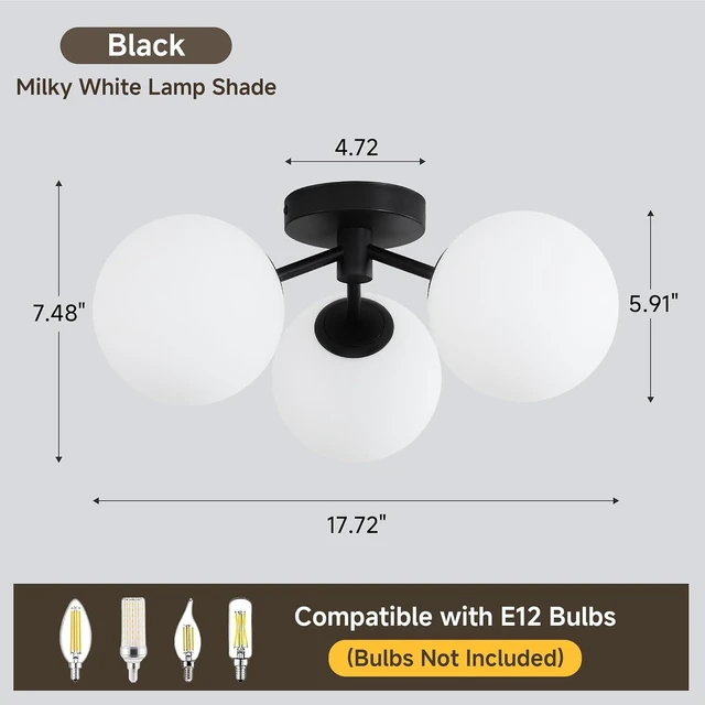 Alt view image 3 of 7 - Black Globe Semi Flush Mount Ceiling Light Mid Century Modern Milk Glass