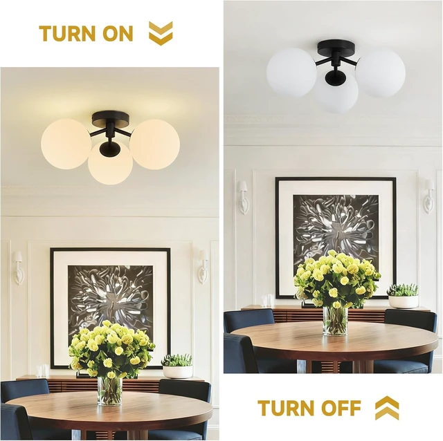 Alt view image 4 of 7 - Black Globe Semi Flush Mount Ceiling Light Mid Century Modern Milk Glass
