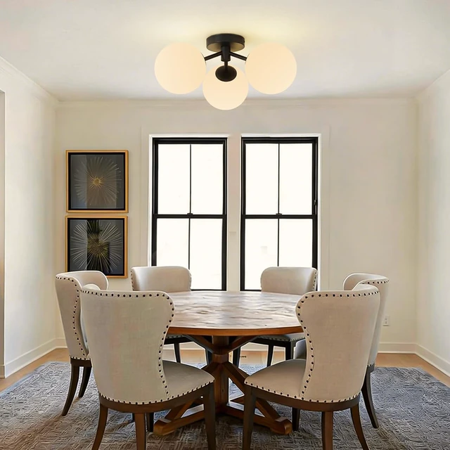 Alt view image 5 of 7 - Black Globe Semi Flush Mount Ceiling Light Mid Century Modern Milk Glass