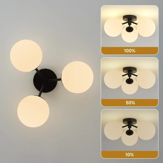 Alt view image 6 of 7 - Black Globe Semi Flush Mount Ceiling Light Mid Century Modern Milk Glass
