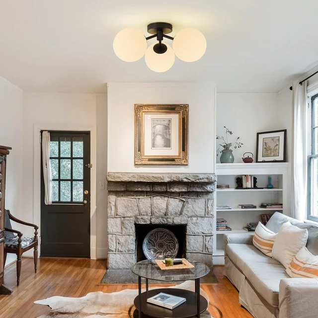 Alt view image 7 of 7 - Black Globe Semi Flush Mount Ceiling Light Mid Century Modern Milk Glass