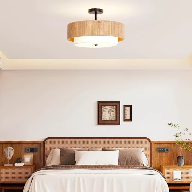 Alt view image 2 of 7 - Boho Rattan semi Flush Mount Ceiling Light,for Bedroom
