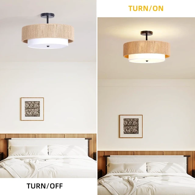 Alt view image 3 of 7 - Boho Rattan semi Flush Mount Ceiling Light,for Bedroom