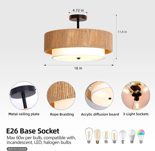 Alt view image 4 of 7 - Boho Rattan semi Flush Mount Ceiling Light,for Bedroom