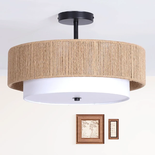 Alt view image 6 of 7 - Boho Rattan semi Flush Mount Ceiling Light,for Bedroom