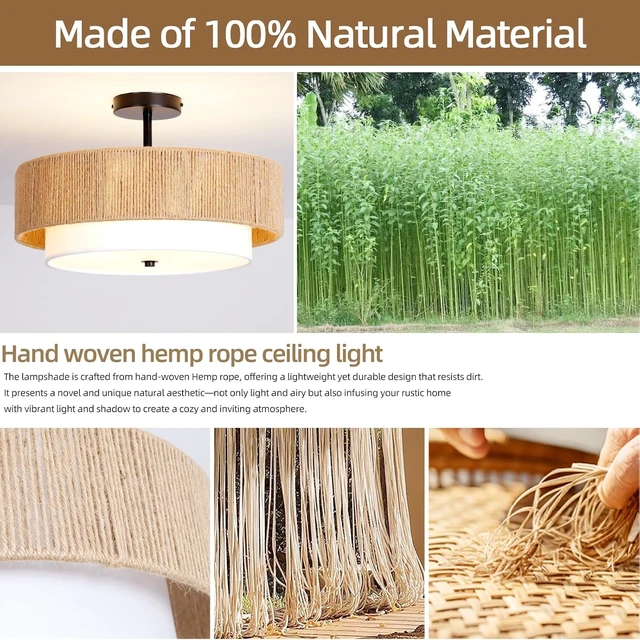 Alt view image 7 of 7 - Boho Rattan semi Flush Mount Ceiling Light,for Bedroom