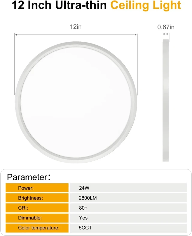 Alt view image 5 of 6 - 12 Inch Flush Mount Ceiling Light, White 6 Pack Flat Ceiling Light, Dimmable, Adjustable Color Temperature, 24W 2800LM Ultra Thin Round Fixture for Bedroom, Kitchen, Living Room, Bathroom