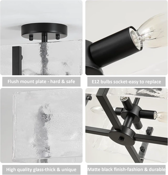 Alt view image 5 of 7 - Black Semi Flush Mount Ceiling Light 4-Light Glass Light Fixtures Ceiling Mount,14.96" Modern Farmhouse Light Fixture for Foyer, Hallway, Entryway, Dining Room, Kitchen, Bedroom, Porch