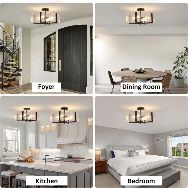Alt view image 6 of 7 - Black Semi Flush Mount Ceiling Light 4-Light Glass Light Fixtures Ceiling Mount,14.96" Modern Farmhouse Light Fixture for Foyer, Hallway, Entryway, Dining Room, Kitchen, Bedroom, Porch