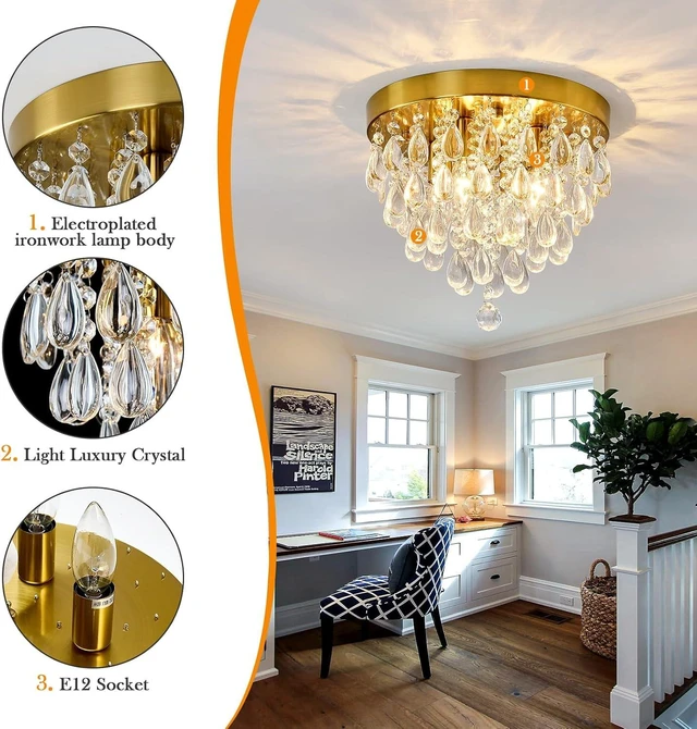 Alt view image 5 of 7 - YYJLX Crystal Flush Mount Ceiling Light Modern Crystal Chandelier Gold 4-Light Fixture for Hallway Bedroom Entryway Bathroom Closet