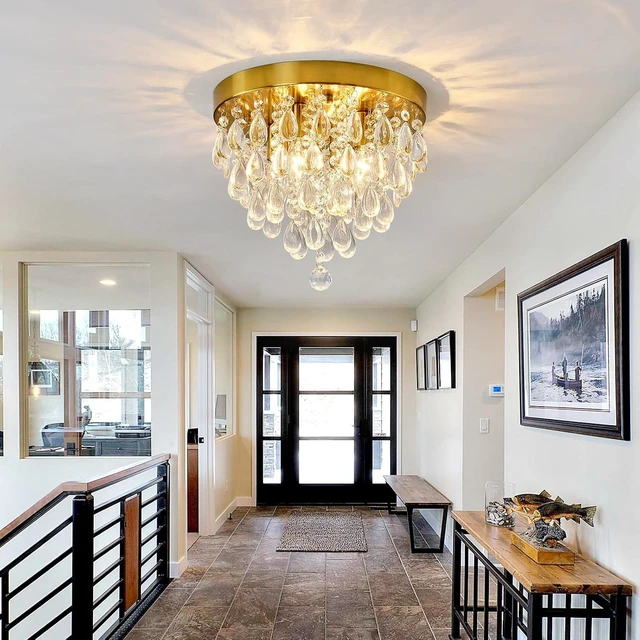 Alt view image 6 of 7 - YYJLX Crystal Flush Mount Ceiling Light Modern Crystal Chandelier Gold 4-Light Fixture for Hallway Bedroom Entryway Bathroom Closet