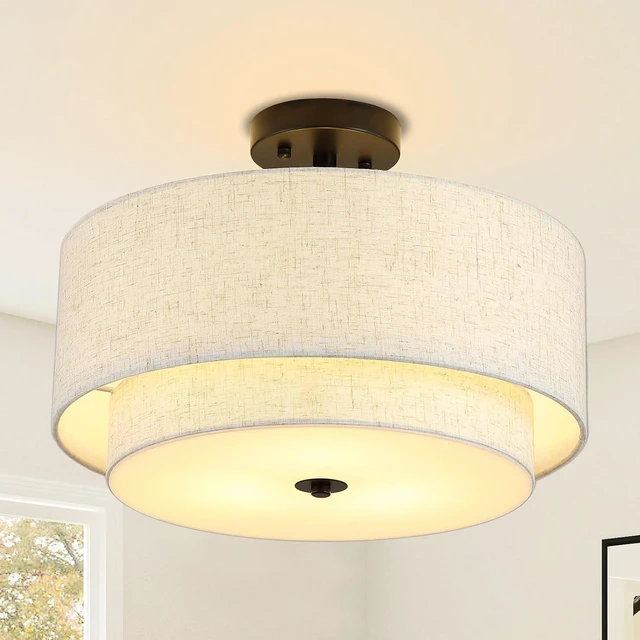 Main image of 16" Semi Flush Mount Ceiling Light Fixture, 3-Light Gold Flush Mount Ceiling Light with Double Drum Linen Shades for Entryway Dining Room Bedroom Kitchen Hallway Living Room, E26 Socket