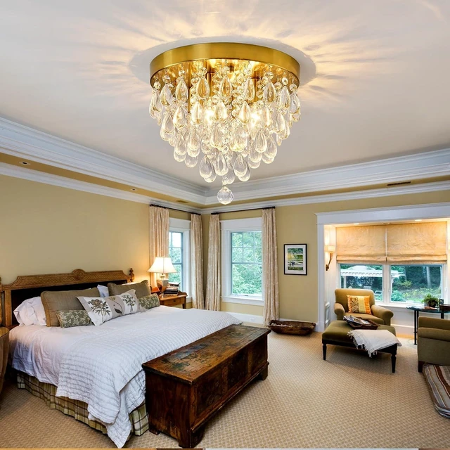 Alt view image 7 of 7 - YYJLX Crystal Flush Mount Ceiling Light Modern Crystal Chandelier Gold 4-Light Fixture for Hallway Bedroom Entryway Bathroom Closet