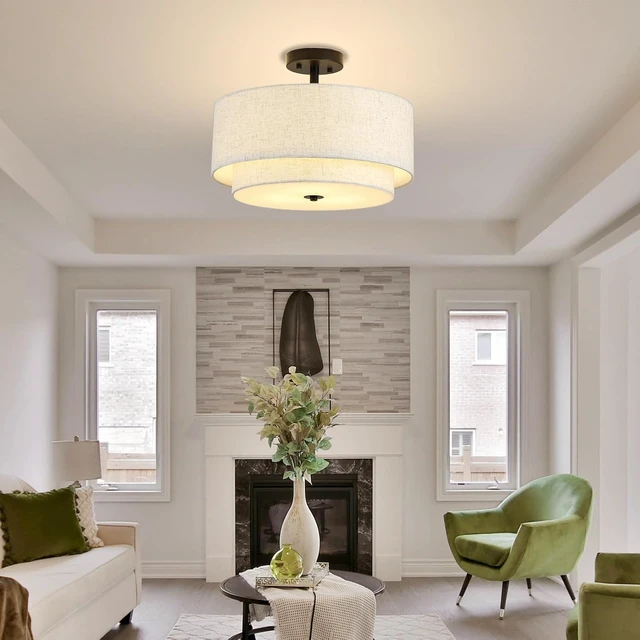 Alt view image 2 of 7 - 16" Semi Flush Mount Ceiling Light Fixture, 3-Light Gold Flush Mount Ceiling Light with Double Drum Linen Shades for Entryway Dining Room Bedroom Kitchen Hallway Living Room, E26 Socket