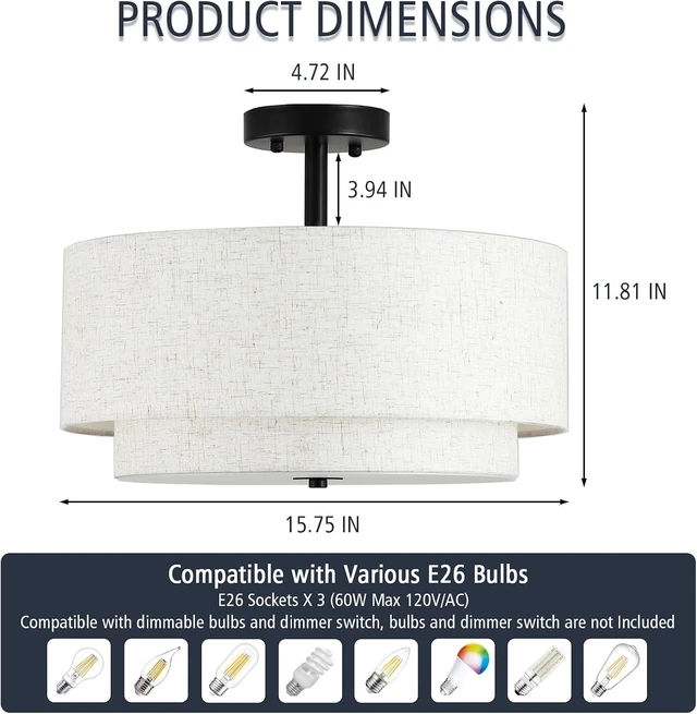Alt view image 3 of 7 - 16" Semi Flush Mount Ceiling Light Fixture, 3-Light Gold Flush Mount Ceiling Light with Double Drum Linen Shades for Entryway Dining Room Bedroom Kitchen Hallway Living Room, E26 Socket