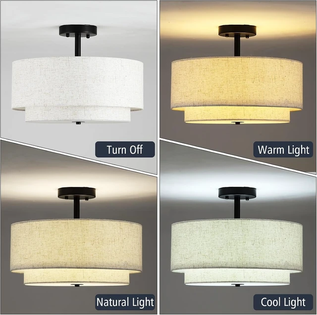 Alt view image 4 of 7 - 16" Semi Flush Mount Ceiling Light Fixture, 3-Light Gold Flush Mount Ceiling Light with Double Drum Linen Shades for Entryway Dining Room Bedroom Kitchen Hallway Living Room, E26 Socket