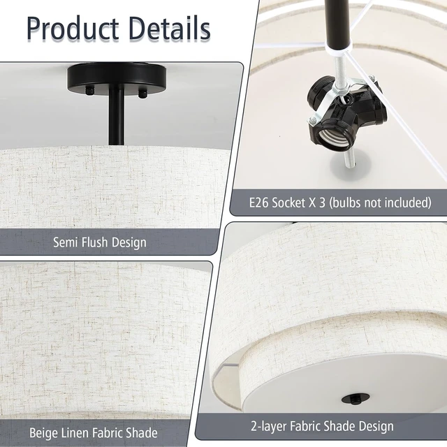 Alt view image 5 of 7 - 16" Semi Flush Mount Ceiling Light Fixture, 3-Light Gold Flush Mount Ceiling Light with Double Drum Linen Shades for Entryway Dining Room Bedroom Kitchen Hallway Living Room, E26 Socket