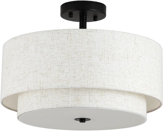 Alt view image 6 of 7 - 16" Semi Flush Mount Ceiling Light Fixture, 3-Light Gold Flush Mount Ceiling Light with Double Drum Linen Shades for Entryway Dining Room Bedroom Kitchen Hallway Living Room, E26 Socket