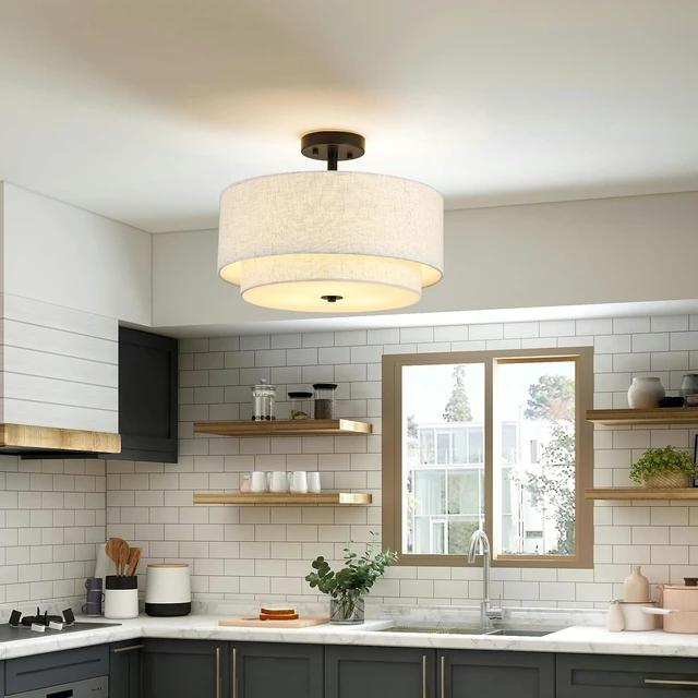 Alt view image 7 of 7 - 16" Semi Flush Mount Ceiling Light Fixture, 3-Light Gold Flush Mount Ceiling Light with Double Drum Linen Shades for Entryway Dining Room Bedroom Kitchen Hallway Living Room, E26 Socket