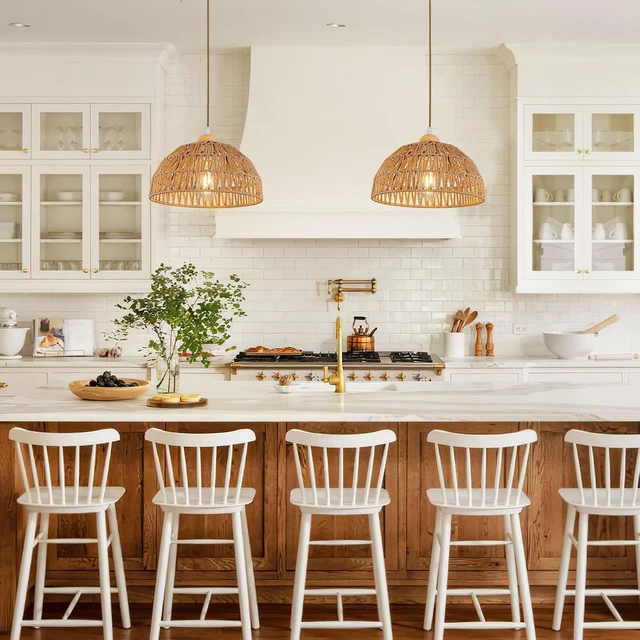 Alt view image 2 of 7 - Boho Pendant Light Fixture Kitchen Chandelier Rattan Hanging Light Flush Mount Ceiling Light Boho Lamp Shade Wooden Base Bohemian Chandeliers for Hallway Bedroom Chandelier Dinning Light Fixture