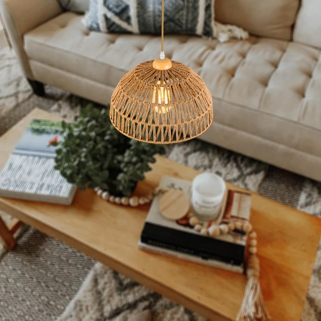 Alt view image 3 of 7 - Boho Pendant Light Fixture Kitchen Chandelier Rattan Hanging Light Flush Mount Ceiling Light Boho Lamp Shade Wooden Base Bohemian Chandeliers for Hallway Bedroom Chandelier Dinning Light Fixture