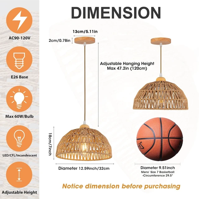 Alt view image 5 of 7 - Boho Pendant Light Fixture Kitchen Chandelier Rattan Hanging Light Flush Mount Ceiling Light Boho Lamp Shade Wooden Base Bohemian Chandeliers for Hallway Bedroom Chandelier Dinning Light Fixture