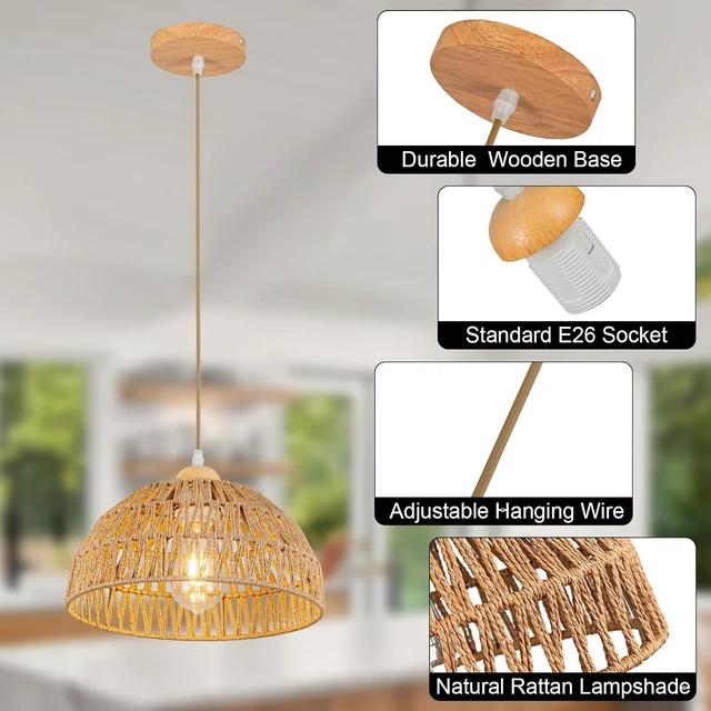 Alt view image 6 of 7 - Boho Pendant Light Fixture Kitchen Chandelier Rattan Hanging Light Flush Mount Ceiling Light Boho Lamp Shade Wooden Base Bohemian Chandeliers for Hallway Bedroom Chandelier Dinning Light Fixture