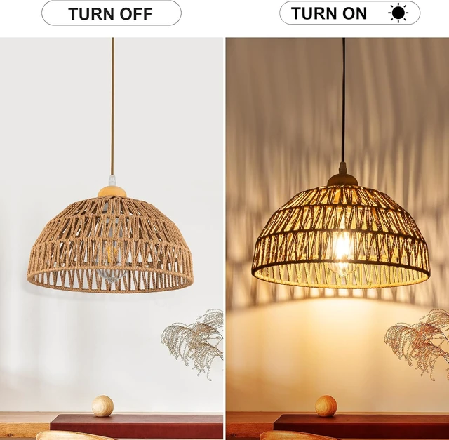 Alt view image 7 of 7 - Boho Pendant Light Fixture Kitchen Chandelier Rattan Hanging Light Flush Mount Ceiling Light Boho Lamp Shade Wooden Base Bohemian Chandeliers for Hallway Bedroom Chandelier Dinning Light Fixture