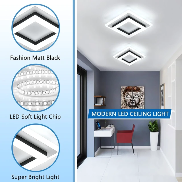 Alt view image 4 of 7 - DELIPOP 2 Pack Modern LED Ceiling Light, 24W Black Flush Mount Ceiling Lamp Fixture, 6500K Cold White LED Hallway Light for Living Room Bedroom Entryway Bathroom Kitchen