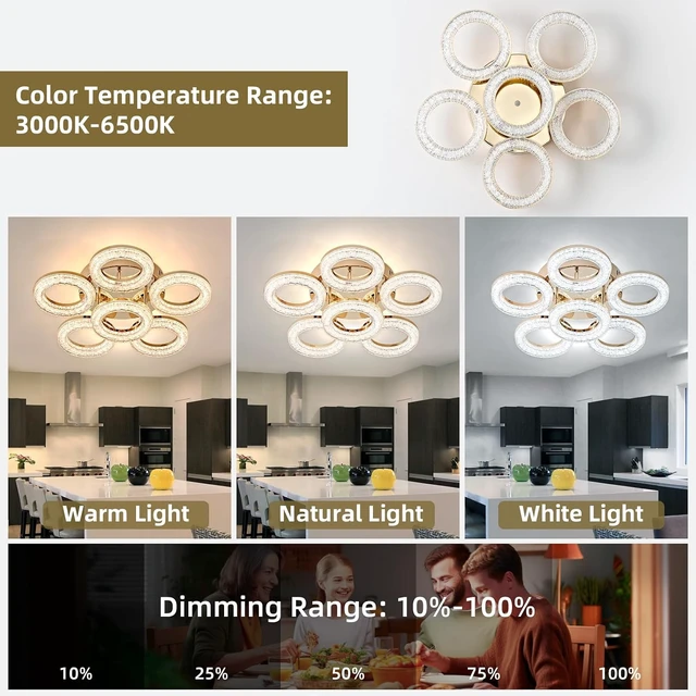 Alt view image 2 of 7 - OKELI Modern Ceiling Light, 6 Rings 17.7'' Dimmable LED 60W Flush Mount Ceiling Lights with Remote Acrylic Crystal Round Ceiling Light Fixture, Bedroom Living Room Dining Room, Gold