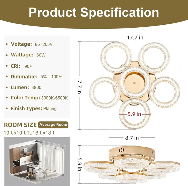 Alt view image 3 of 7 - OKELI Modern Ceiling Light, 6 Rings 17.7'' Dimmable LED 60W Flush Mount Ceiling Lights with Remote Acrylic Crystal Round Ceiling Light Fixture, Bedroom Living Room Dining Room, Gold