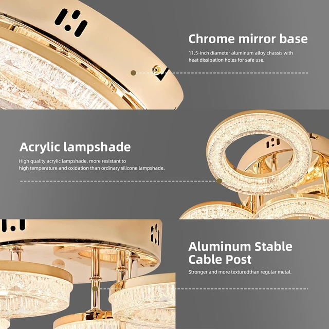 Alt view image 4 of 7 - OKELI Modern Ceiling Light, 6 Rings 17.7'' Dimmable LED 60W Flush Mount Ceiling Lights with Remote Acrylic Crystal Round Ceiling Light Fixture, Bedroom Living Room Dining Room, Gold