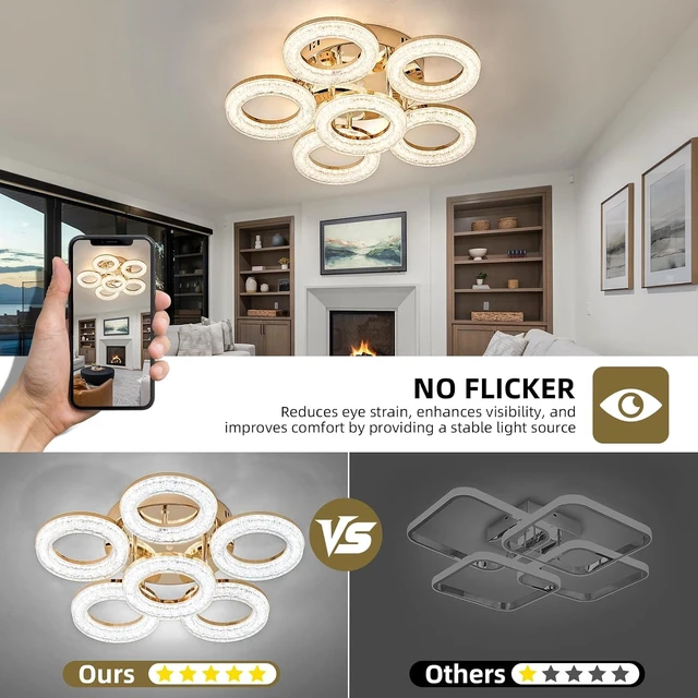 Alt view image 5 of 7 - OKELI Modern Ceiling Light, 6 Rings 17.7'' Dimmable LED 60W Flush Mount Ceiling Lights with Remote Acrylic Crystal Round Ceiling Light Fixture, Bedroom Living Room Dining Room, Gold