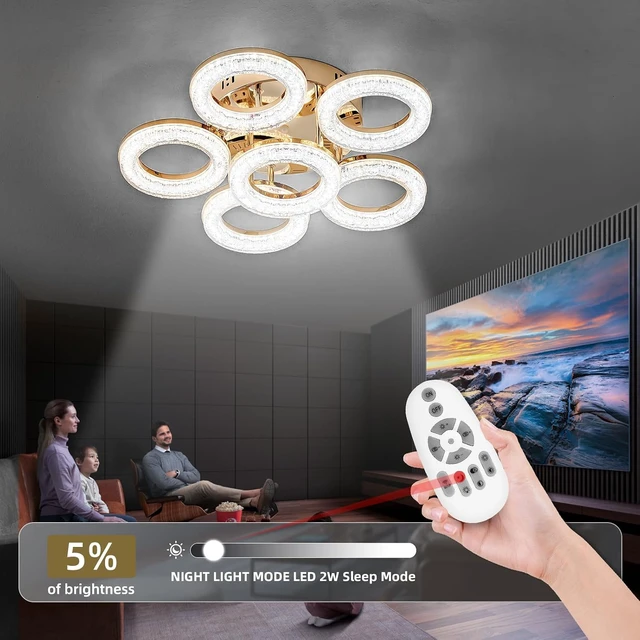 Alt view image 6 of 7 - OKELI Modern Ceiling Light, 6 Rings 17.7'' Dimmable LED 60W Flush Mount Ceiling Lights with Remote Acrylic Crystal Round Ceiling Light Fixture, Bedroom Living Room Dining Room, Gold