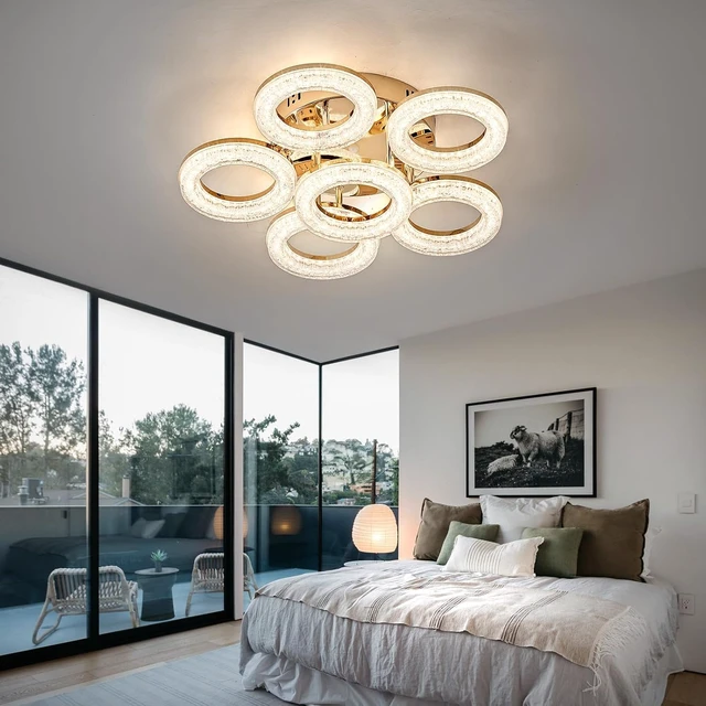 Alt view image 7 of 7 - OKELI Modern Ceiling Light, 6 Rings 17.7'' Dimmable LED 60W Flush Mount Ceiling Lights with Remote Acrylic Crystal Round Ceiling Light Fixture, Bedroom Living Room Dining Room, Gold
