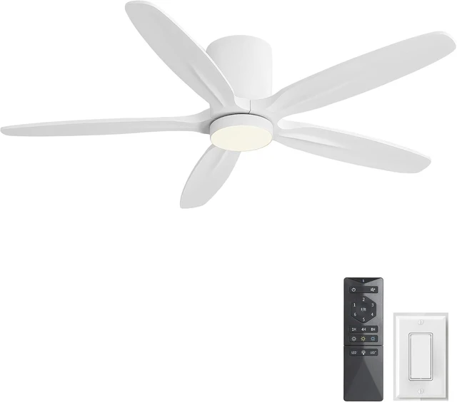Main image of WINGBO 54" Flush Mount Ceiling Fan with Light - 5 Carved Solid Wood Blades, 6-Speed Reversible DC Motor, Dimmable, 3CCT, Low Profile Ceiling Fans with Lights for Bedroom Living Room, White