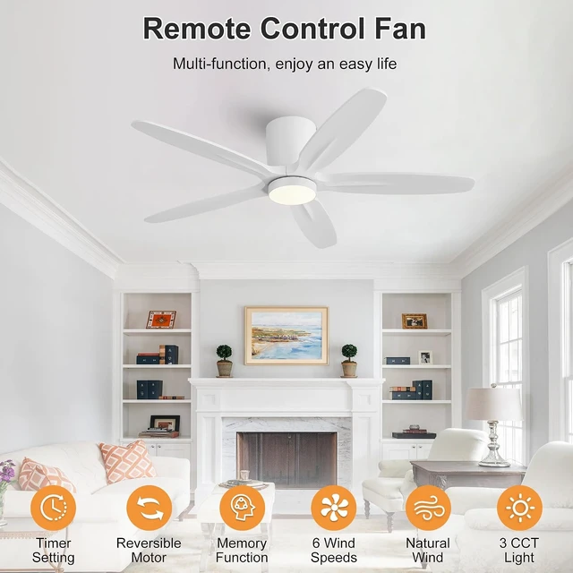 Alt view image 2 of 7 - WINGBO 54" Flush Mount Ceiling Fan with Light - 5 Carved Solid Wood Blades, 6-Speed Reversible DC Motor, Dimmable, 3CCT, Low Profile Ceiling Fans with Lights for Bedroom Living Room, White